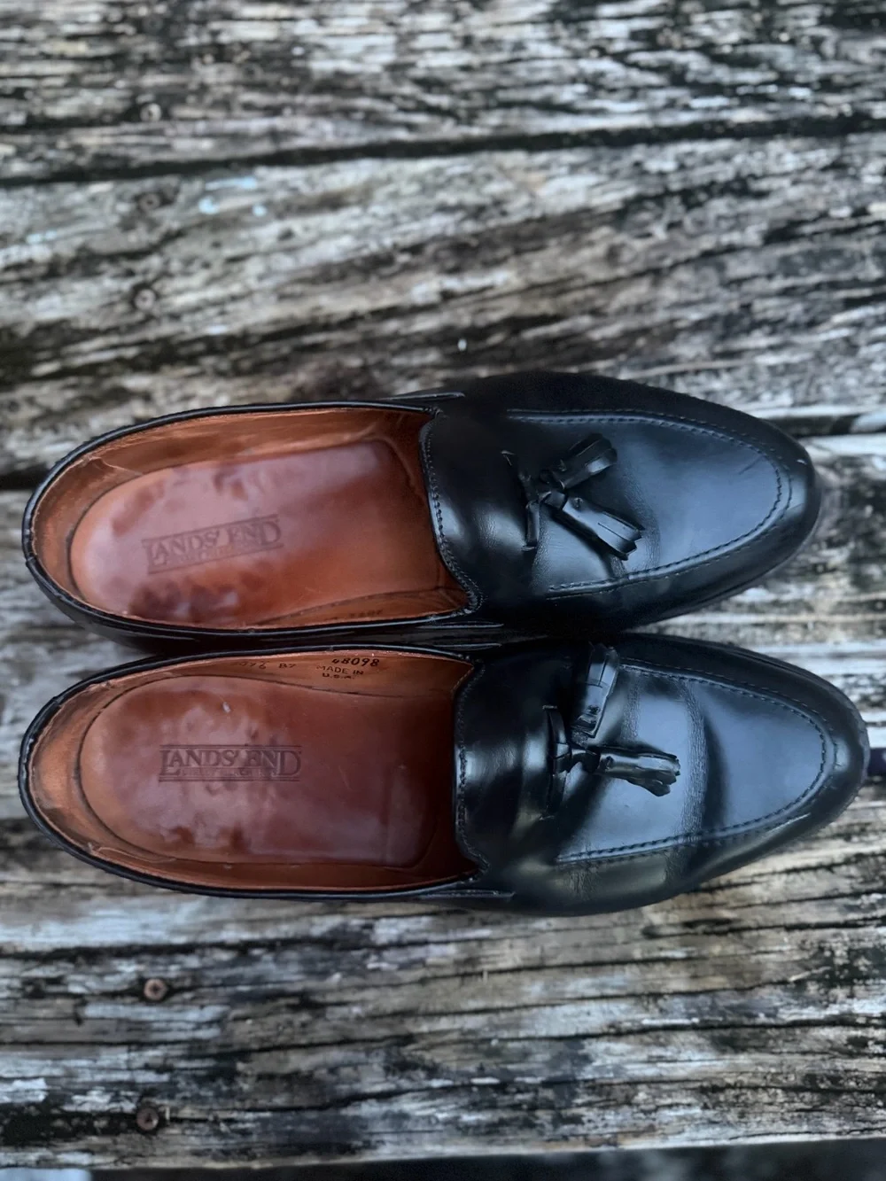 Lands' End Sz 10.5W Black Leather Tassel Slip-On Dress Loafers Made in USA X1